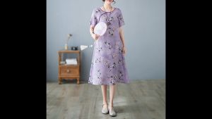 3046-82 Retro (Thin) Linen-Cotton Print Light Purple Midi Cheongsam Dress