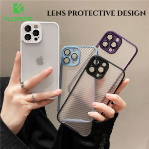 FLOVEME With Glass Lens Protection Clear Phone Case For iPhone 14 13 12 Pro Max Carbon Fiber Pattern Transparent TPU+PC Full Protection Drop Protection Back Cover For iphone 14 13 12