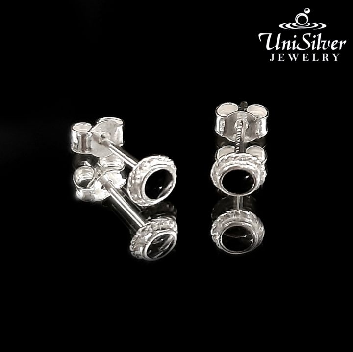 Unisilver 925 Sterling Silver Round Black Enamel Earring Stud