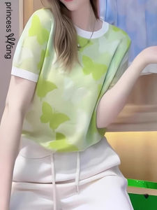 WANGGONGZHU | Princess Style Ice Silk Short Sleeve T-Shirt Womens Summer New Dopaamine Color Block Thin Top Round Neck Loose Fit Commute Style