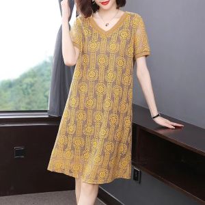 Superior quality Womens clothing dress Summer New Version Plus Size Lace Dress Loose Western style V Neck Medium and long section skirt