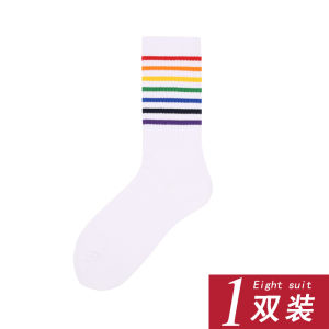 Rainbow Socks for Women Fall and Winter Medium Stockings Trendy Ins Color Striped Minimalist Socks K-style Easiest for Match Fashion High Socks Men