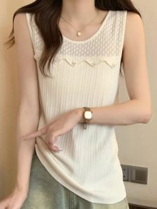 Áo Len Dệt Kim Không Tay Khoét Rỗng Mùa Hè Cho Nữ Áo Lót Dáng Rộng Màu Trơn Mặc Thường Ngày Cỡ Lớn Thời Trang