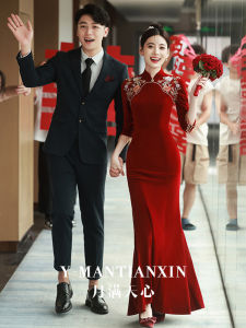 ชุดแต่งงานผ้ากำมะหยี่สีแดง ฤดูหนาว 2025 ชุดเจ้าสาว ชุดราตรี ชุดเดรสทรงหางปลา กระโปรงยาว เดรสผู้หญิงสุดหรู