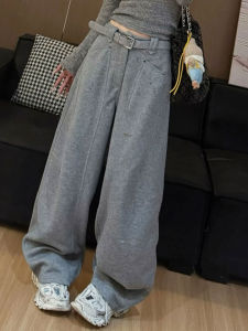 Gray Casual High Waist Straight Leg Womens Pants Loose BF Lazy Style Versatile Wide Leg Trousers for Autumn Season