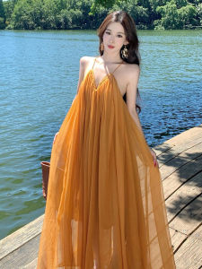 CHANGTONG | Beach Resort Style V-Neck Camisole Dress 1 Long Maxi Netted Summer