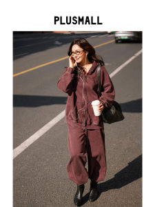 Vintage Color Processed Hoodie Set Warm Fleece Jacket Straight Pants