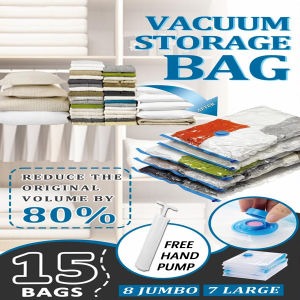 15 Pack Vacuum Storage Bags  Space Saver Vacuum Seal Bags for Clothing Compression for Travel Luggage Clothes with Hand Pump
