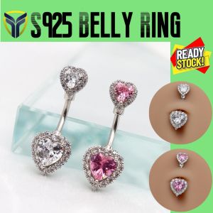 2024 S925สเตอร์ลิงเงินสีชมพูสีขาวจี้หัวใจซ้อนกันสะดือเล็บเจาะท้องปุ่มลดอาการแพ้สะดือสตั๊ดฮิปฮอป Y2K ผู้หญิงท้องแหวนอัญมณีประดับร่างกายฤดูร้อน