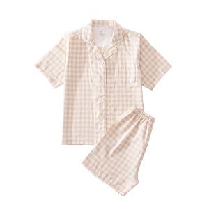 Japanese Quality Cotton Sleepwear Set for Couples Short Sleeve Double Layered Shirt And Pants Long Pants for Women Summer Home Clothes