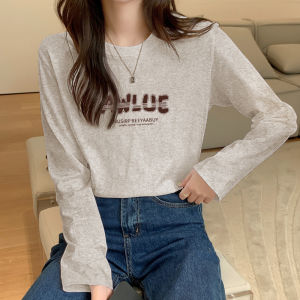 Áo Thun Dài Tay in Chữ Thời Trang Mùa Xuân Thu Cho Nữ Áo Lót Bó Sát Chất Liệu Cotton Phong Cách Thường Ngày Cổ Tròn Tay Dài