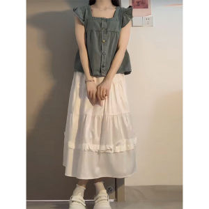 เสื้อกั๊กยีนส์แขนกุดคอเหลี่ยมสไตล์ญี่ปุ่นย้อนยุคสำหรับผู้หญิง เสื้อแขนกุดทรงเข้ารูปสำหรับฤดูใบไม้ผลิและฤดูร้อน