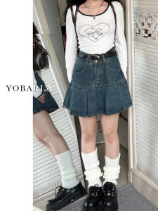 Pleated Denim Skirt Womens Summer High Waist Plus Size Ladies Large Size Belly Covered Slim Looking Pear Shapes A- line Skirt