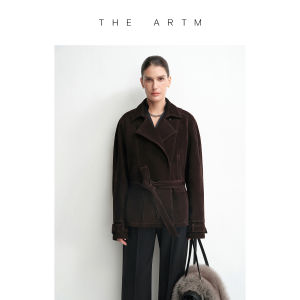 Lamb Leather Retro Relaxed Fit Belted Notch Collar Short Jacket