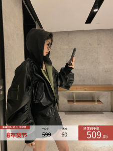 Ouyang Dual-Sided Wear PU Leather Hooded Jacket Womens Casual Short Black Spring New Style Commute Wind Breathable Zipper
