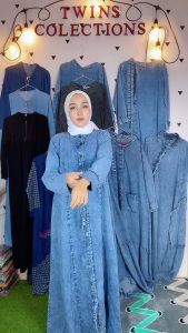 Gamis Jeans Maxi Reyna - Baju Muslim Casual Long Sleeve dengan Motif Polos Warna Light Snow