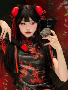 New Chinese Style Cheongsam Dress Short Sleeve Short Cheongsam Daily Wear Soft Girl Maid Uniform Halloween Christmas Cosplay Costume