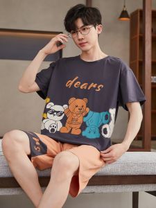 Pajamas Men Summer Cotton Short Sleeve Summer Thin Teenagers Youth Junior High School Student Boy Cartoon plus Size