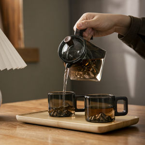 Shede High End Luxury Heat Resistant Glass Tea Cup with Wooden Handle Anti Scalding Mountain View Gongfu Tea Set for Home And Office