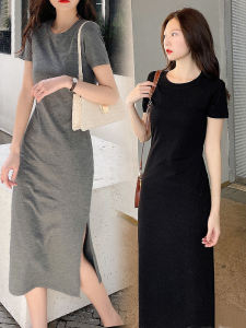 Spring Summer Slim Fit Long Dress INS Korean Style New Arrival Open Knee Length Short Sleeve Black T-Shirt Dress for Women