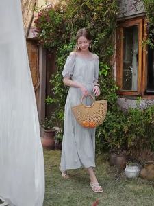 XIANGYING | Shoulder-baring Bubble Sleeves Midi Dress