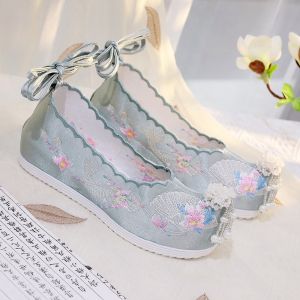 SHIPAILUO | Elevated Flat Bottom Round Head Embroidered Shoes Hanfu Womens Traditional Chinese Style Cotton Lined Slip-On Plant Patterned