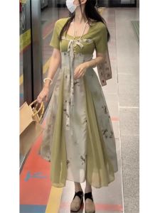 Summer New Style Square Collar Hanfu Dress Medium Length Green Traditional Chinese National Style Womens Clothing Evening Gown