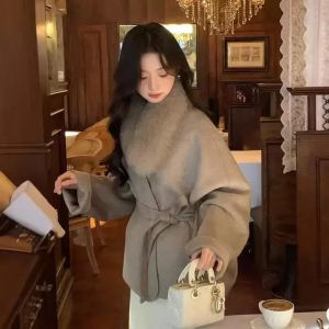 Áo Khoác Len Cao Cấp Hai Lớp Cashmere Nữ Cổ Lông Cáo Thật Mùa Thu Đông Kiểu Dáng Công Sở Dáng Rộng