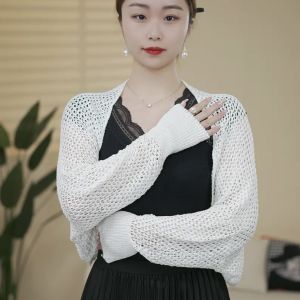 Áo Len Cardigan Hở Tay Lưới Lụa Băng Cotton Dệt Kim Cho Nữ Mùa Hè 2025 Áo Khoác Ngoài Phong Cách Hàn Quốc Đa Năng