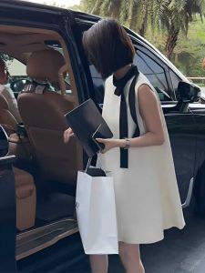 Váy Vest Không Tay Kiểu Pháp Thanh Lịch Mùa Hè 2025 Cho Nữ Váy Midi Không Tay Cổ Tròn Cạp Cao Váy Midi Chữ a