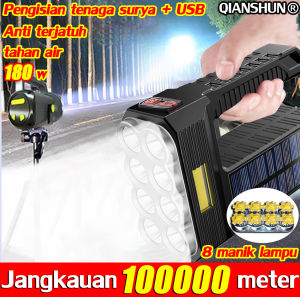 Jangkauan 10000 meter QIANSHUN Senter LED Super Terang Jarak Jauh 180W 990000 Lumens 8 manik lampu pengisian tenaga surya Pengisian USBTahan jatuh dan tahan air Untuk hiking malam hari(Senter Multifungsi Senter LED Cas Senter Rechargeable Senter Camping)