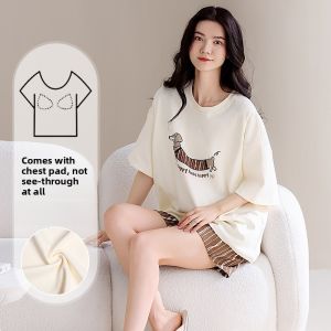 MiiOW | Pure Cotton Summer Sleepwear Womens Short Sleeve Home Clothes Set With Chest Pad Outerwear MiiOW Cat Person Brand