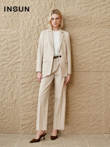 INSUN Summer 2025 Womens Tailored Straight Leg Hollow Fabric Capri Pants Checkered Pattern mid Waist Long Trousers