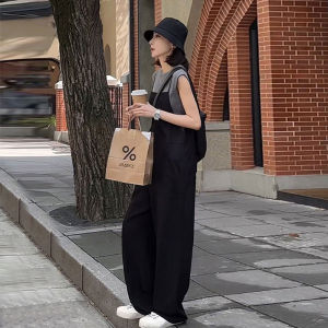 Black Casual Overalls Women Summer Lazy Style Slimming Versatile T-shirt Loose One-piece Wide-leg Pants Two-piece Set Trendy