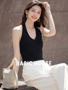 Basic House | Black Halter V-neck Camisole for Women Summer Outerwear