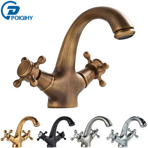 POIQIHY Antique Faucet Bathroom faucet Mixer in the bathroom washbasin taps mixer with two handles Deck Mounted Hot Cold Water