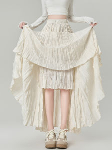 High Waist Asymmetrical Pleated Long Skirt Womens Spring Autumn Loose Fit Slimming A-Line Maxi Umbrella Skirt Korean Style