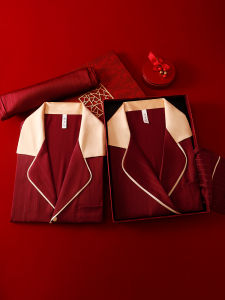 Red Ice Silk Long Sleeve Sleepwear Couple Set Home Clothes Gift Box for Newlyweds Mens Style Comfortable Breathable Nightgown
