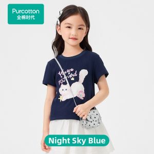 Purcotton | Children Short Sleeve Cotton T-shirt with Cutout Embroidery Cat Pattern