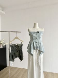 Spicy Girl Style Asymmetrical Denim Tube Top Womens Summer New Design Backless Outerwear Short Length Solid Color Polyester Fiber