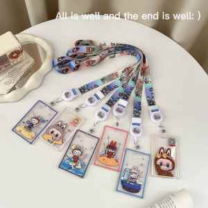 Labubu Long Rope Transparent Expandable Easy Pull Buckle ID Card Holder Student Card Metro Card Bus Card Work ID Card Cover