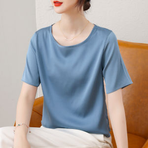 NVSHENJI | Authentic Silk T-Shirt Womens Half Sleeve Loose Short Sleeve Satin Surface Summer Fashion Top Round Neck Straight Cut Shirt
