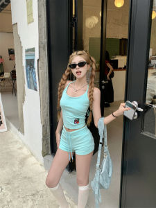 Miekevv Blue Halter Neck Crop Top And Shorts Set for Young Women Slim Fit Vest And Hot Pants Combo Perfect for Summer Fashion