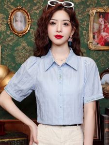Fashionable Embroidered Short Sleeve Pure Cotton Womens Shirt Commute Casual Sweet Style Loose Fit Button up Top