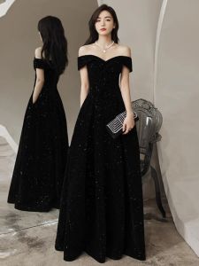Velvet One-Shoulder Long Evening Dress Black Hostess Gown Spring New Style Starry Sky Korean Style A-Line Skirt Wedding Dress