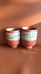 [Hàng Hiếm Japan Limited] 01 Cặp Ly Phu Thê Làm Tay Gốm Mộc Hoạ Tiết Mai Đào Có Triện Mộc