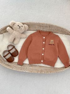 Adorable Bear Embroidery Knitted Cardigan Long Sleeve Baby Girls Outfit Versatile Cotton Polyester Blend Comfortable All-Season Wear