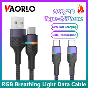 Vaorlo 66W RGB gradient đầy màu sắc Cáp sạc nhanh USB/PD để loại-C/Lightning Bộ sạc bện cáp phát sáng dòng dữ liệu tương thích với iPhone điện thoại thông minh Android