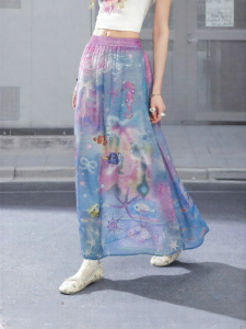 Unifree | Purple Cartoon Print Chiffon Skirt