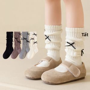 Tất Dài Màu Trơn Cho Bé Gái Tất Ấm Có Nơ Xếp Chồng Cho Trẻ Em 1-12 Tuổi Quần Cotton Mùa Thu Phong Cách Nhật Bản & Hàn Quốc